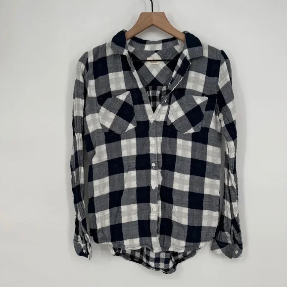 Thread & Supply Plaid Flannel Shirt Button Down Long Sleeve Navy‎ Ivory M - Picture 2 of 8